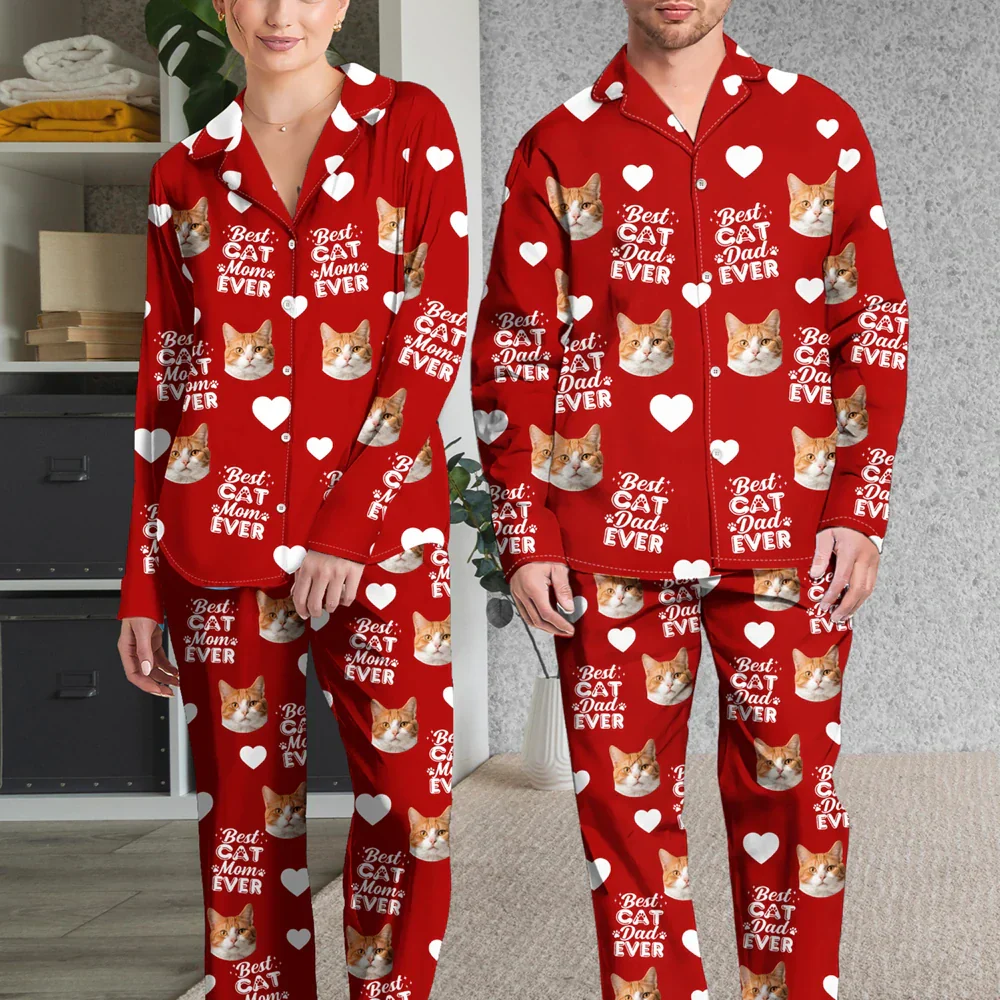 Custom Photo Best Dog Mom Dog Dad Cat Dad Cat Mom - Personalized Long Pajamas Set - Image 4