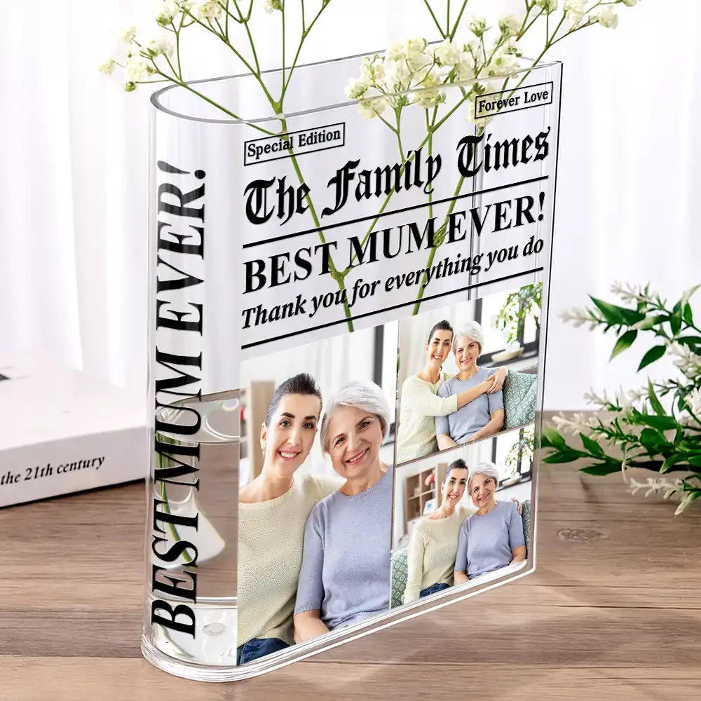 Custom Photo Best Mom Dad Ever Newspaper Theme - Personalized Acrylic Book Vase - Image 2