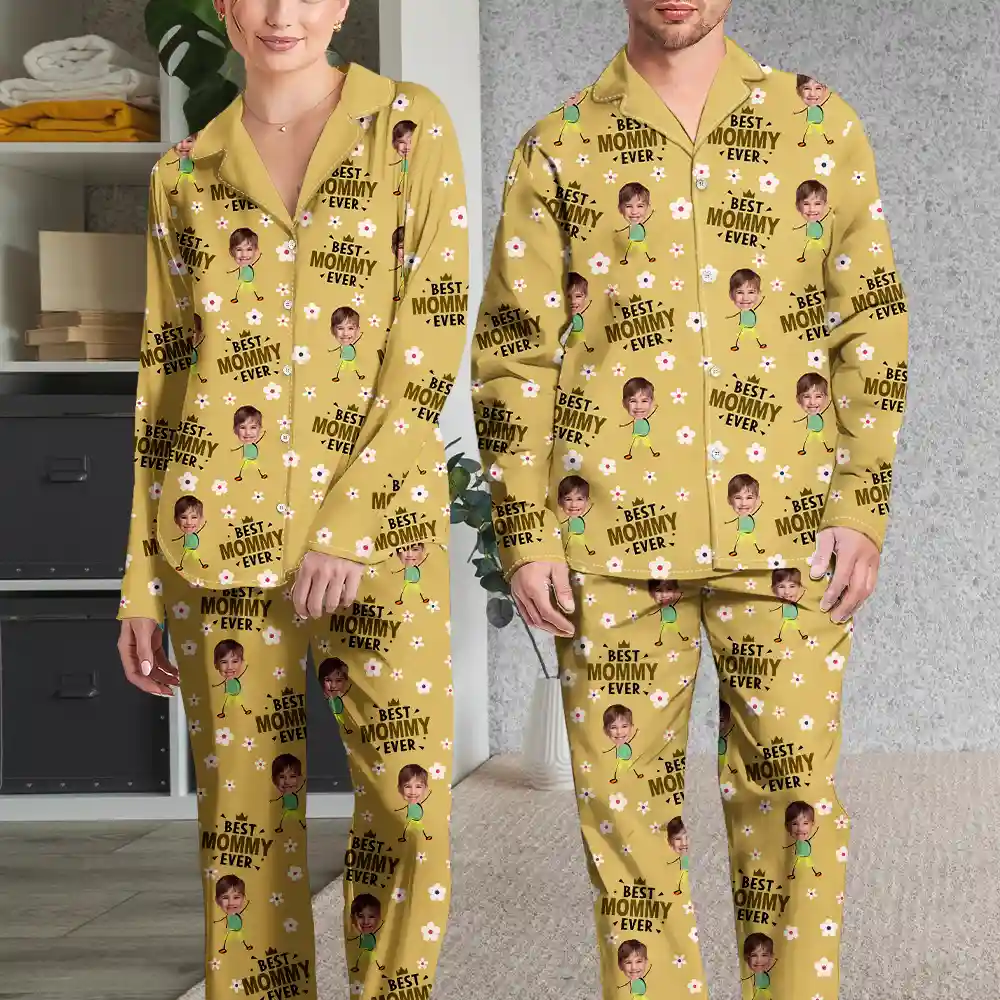Custom Photo Best Mom Grandma Ever Flower Pattern - Personalized Long Pajamas Set - Image 4