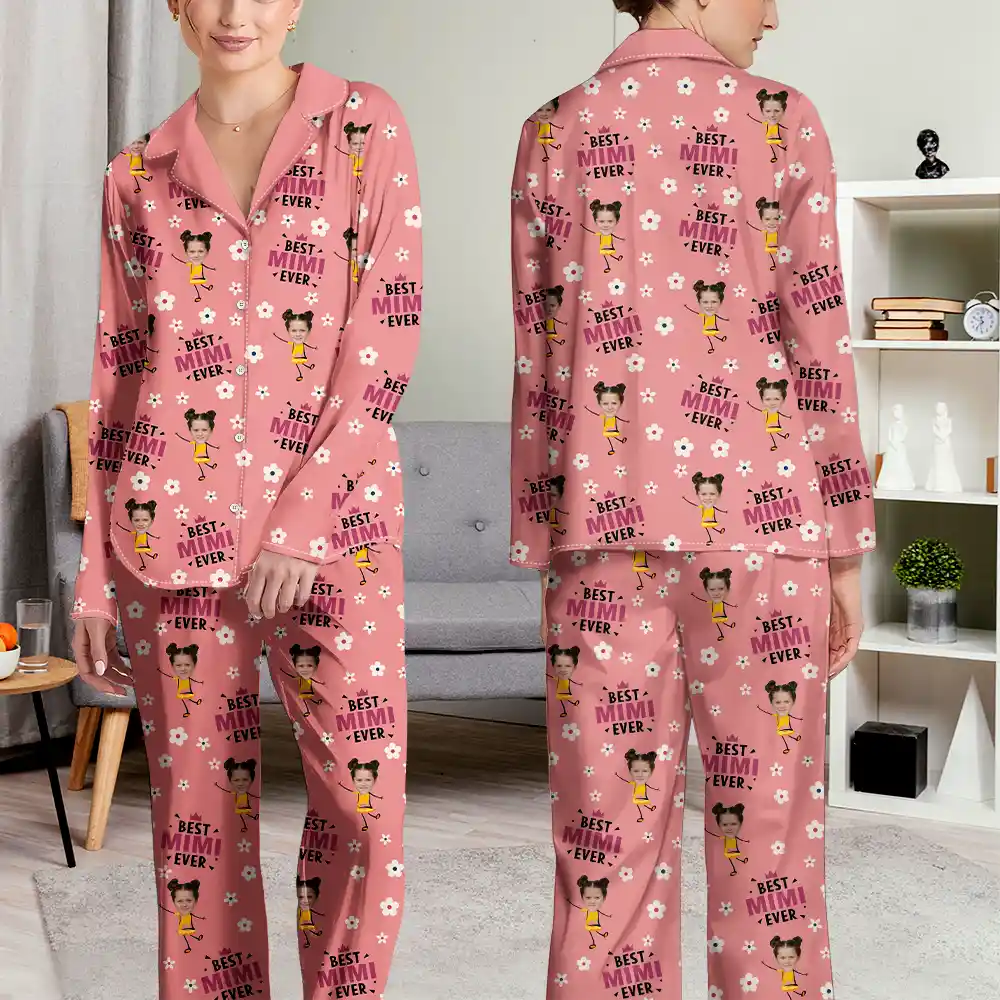 Custom Photo Best Mom Grandma Ever Flower Pattern - Personalized Long Pajamas Set - Image 5