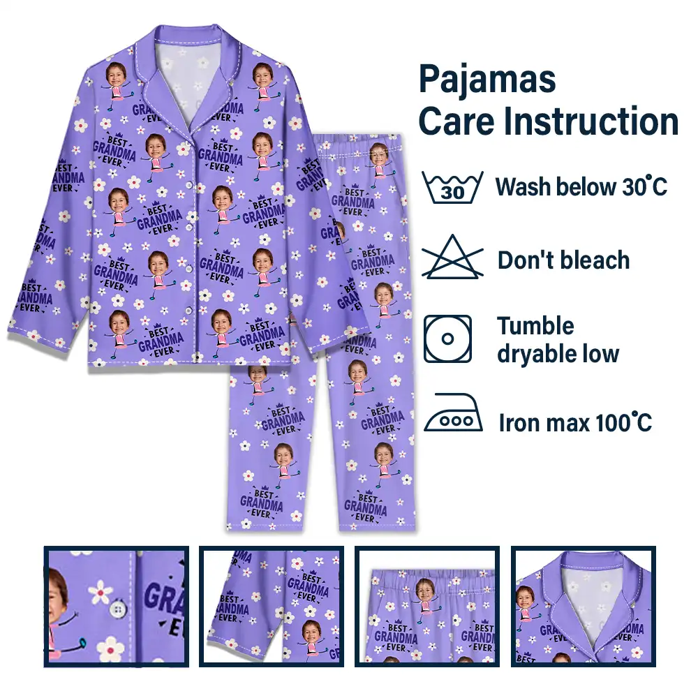 Custom Photo Best Mom Grandma Ever Flower Pattern - Personalized Long Pajamas Set - Image 7