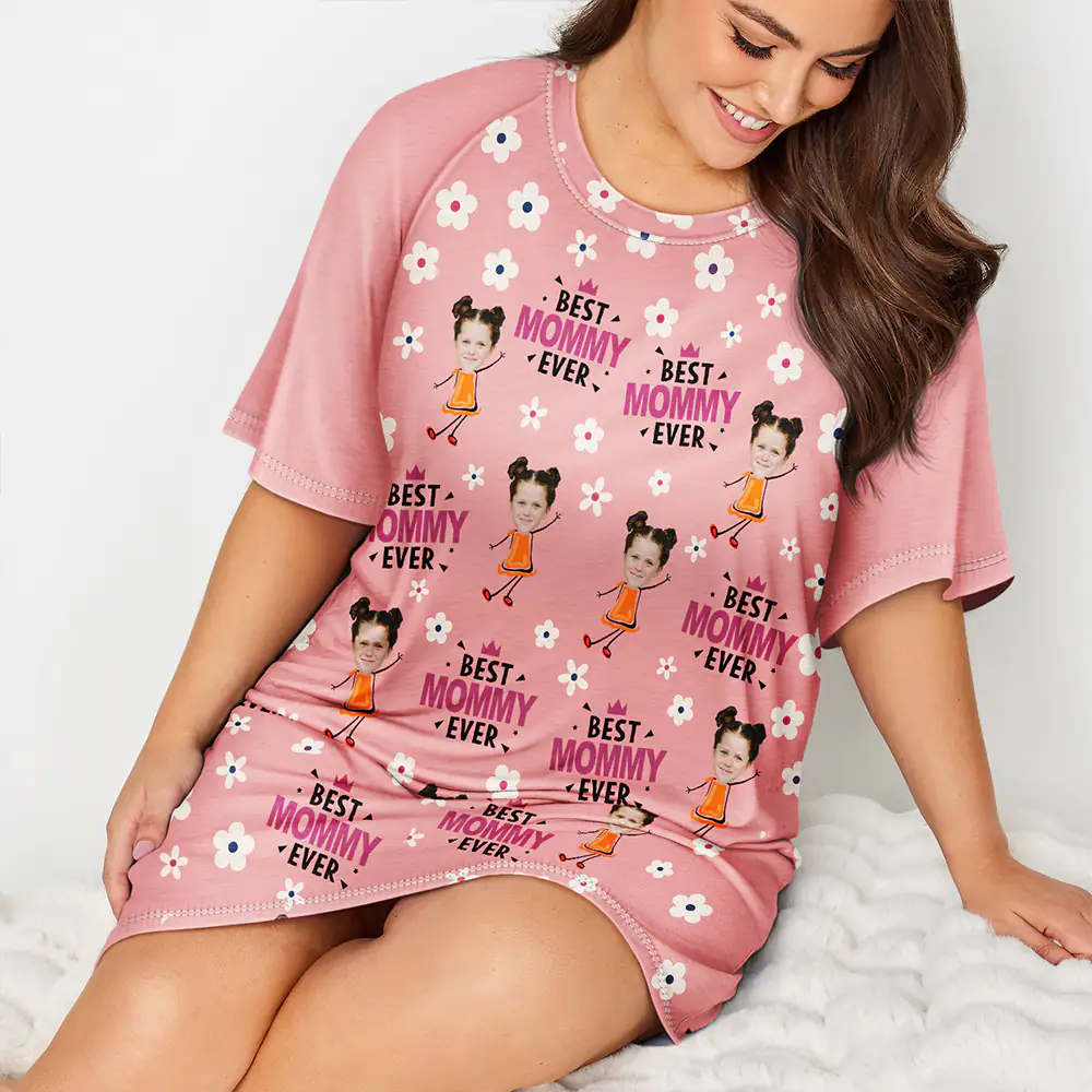 Custom Photo Best Mom Grandma Ever Flower Pattern - Personalized Women's Sleep Tee - Image 5