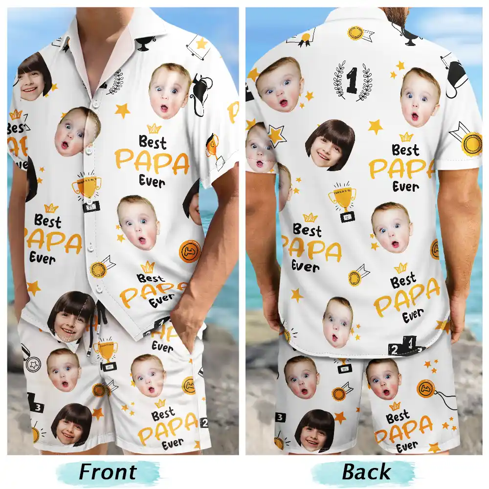 Custom Photo Best Papa Ever Trophy Dad - Personalized Hawaii Set Shirt And Shorts - Image 5
