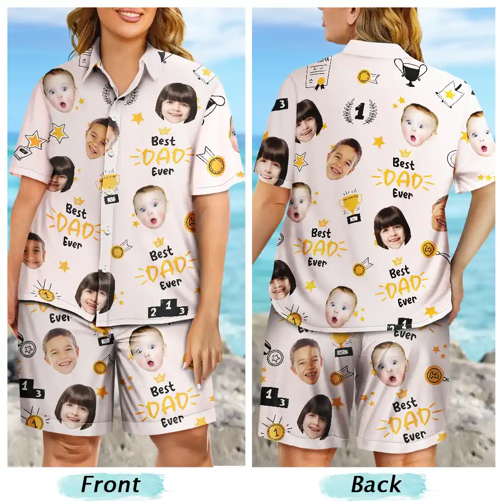 Custom Photo Best Papa Ever Trophy Dad - Personalized Hawaii Set Shirt And Shorts - Image 6