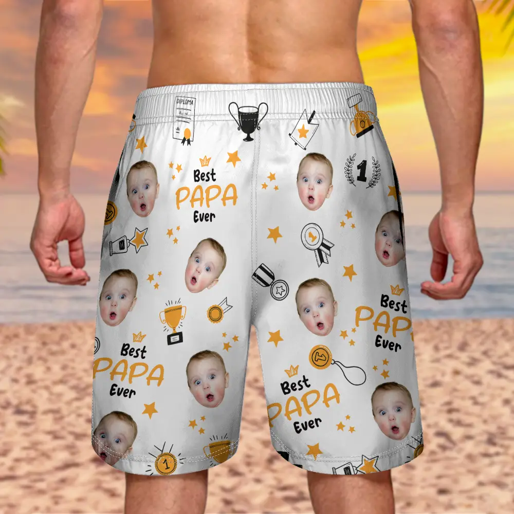 Custom Photo Best Papa Ever Trophy Dad - Personalized Unisex Beach Shorts - Image 5