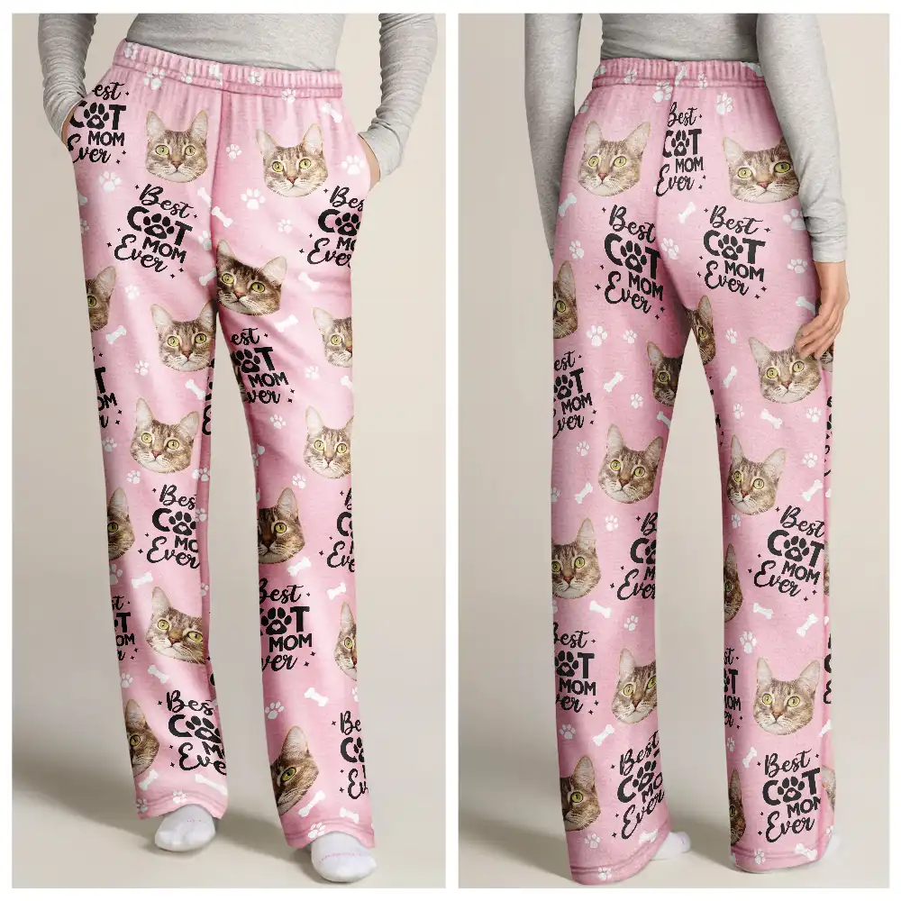 Custom Photo Best Pet Dad Pet Mom Ever Pawprints Pattern - Personalized Pajama Pants - Image 4