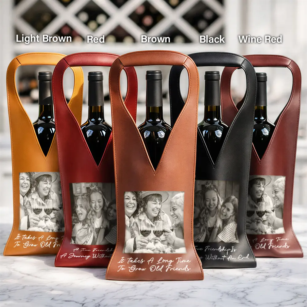 Custom Photo Besties Gray Scale Right In The Throat - Personalized Leather Wine Bag - Image 2
