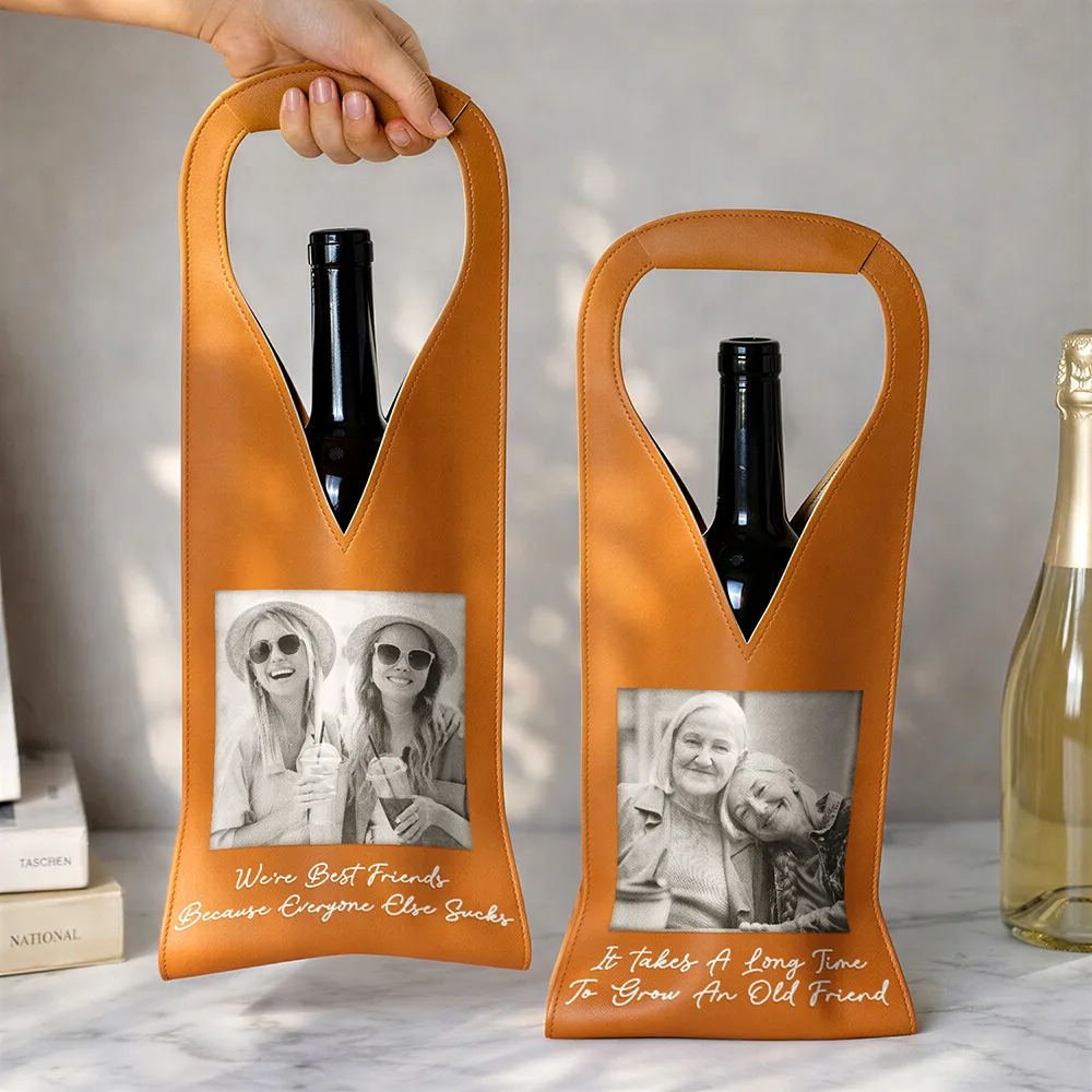 Custom Photo Besties Gray Scale Right In The Throat - Personalized Leather Wine Bag - Image 3