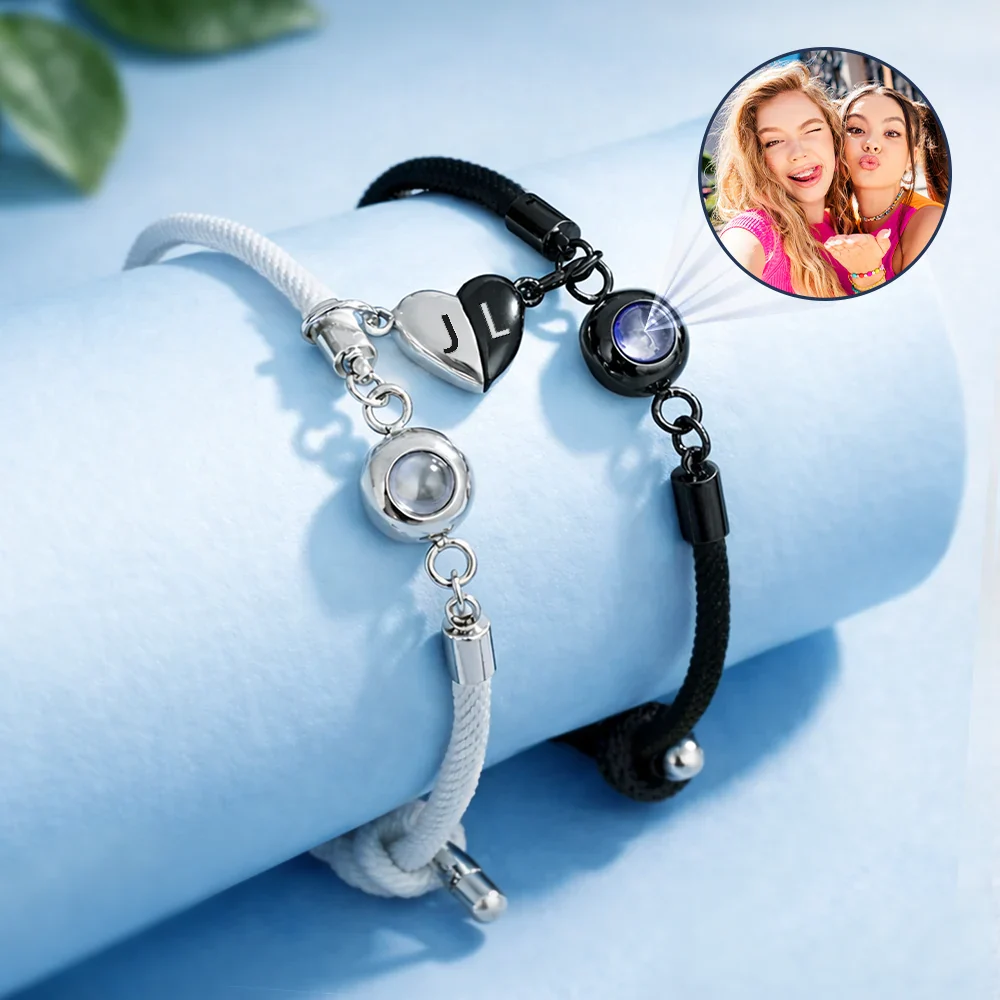 Custom Photo Besties Sisters Forever - Personalized Photo Projection Bracelet Magnetic Initial - Image 2