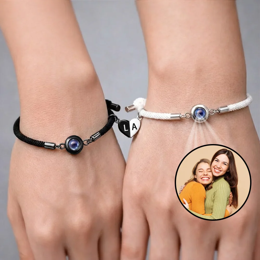 Custom Photo Besties Sisters Forever - Personalized Photo Projection Bracelet Magnetic Initial - Image 3