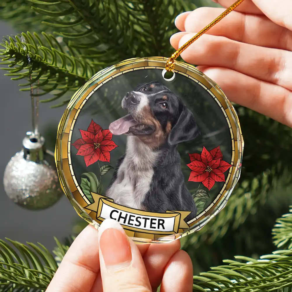Custom Photo Birth Flower Dog Cat Portrait - Personalized Circle Glass Ornament - Image 3