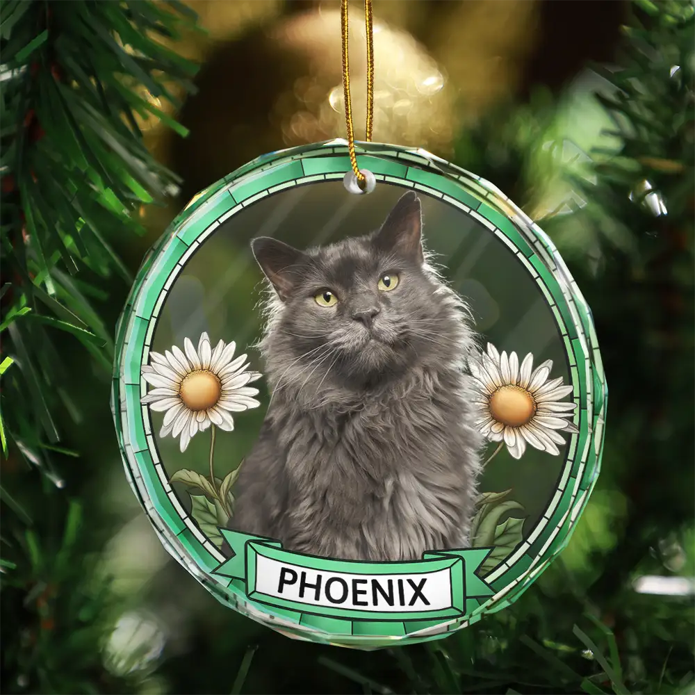 Custom Photo Birth Flower Dog Cat Portrait - Personalized Circle Glass Ornament - Image 4