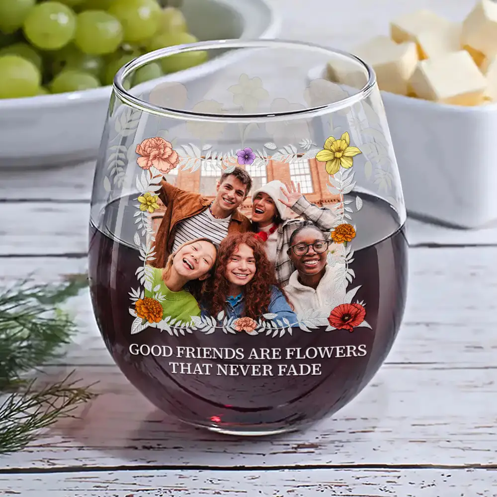 Custom Photo Birth Flower Grow An Old Friend Bestie - Personalized Stemless Wine Glass - Image 6