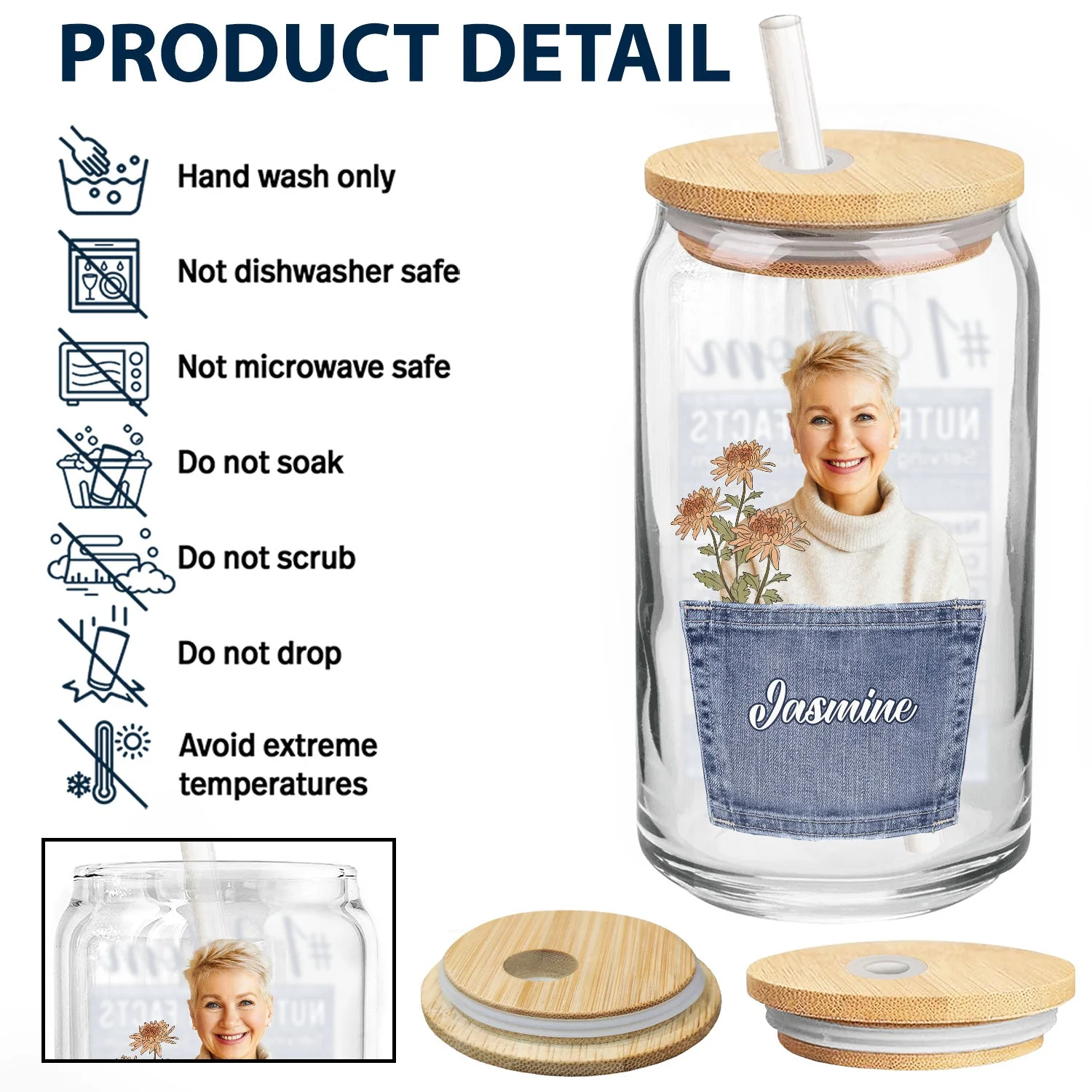 Custom Photo Birth Month Flower Mom Nutrition Facts - Gift For Mother - Personalized Clear Glass Can - Image 5