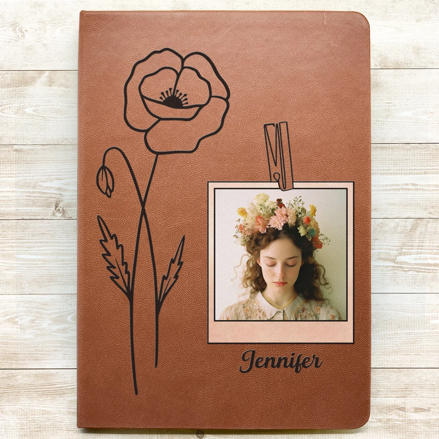 Custom Photo Birth Month Flowers Name - Gift For Yourself - Personalized Leather Journal - Image 3