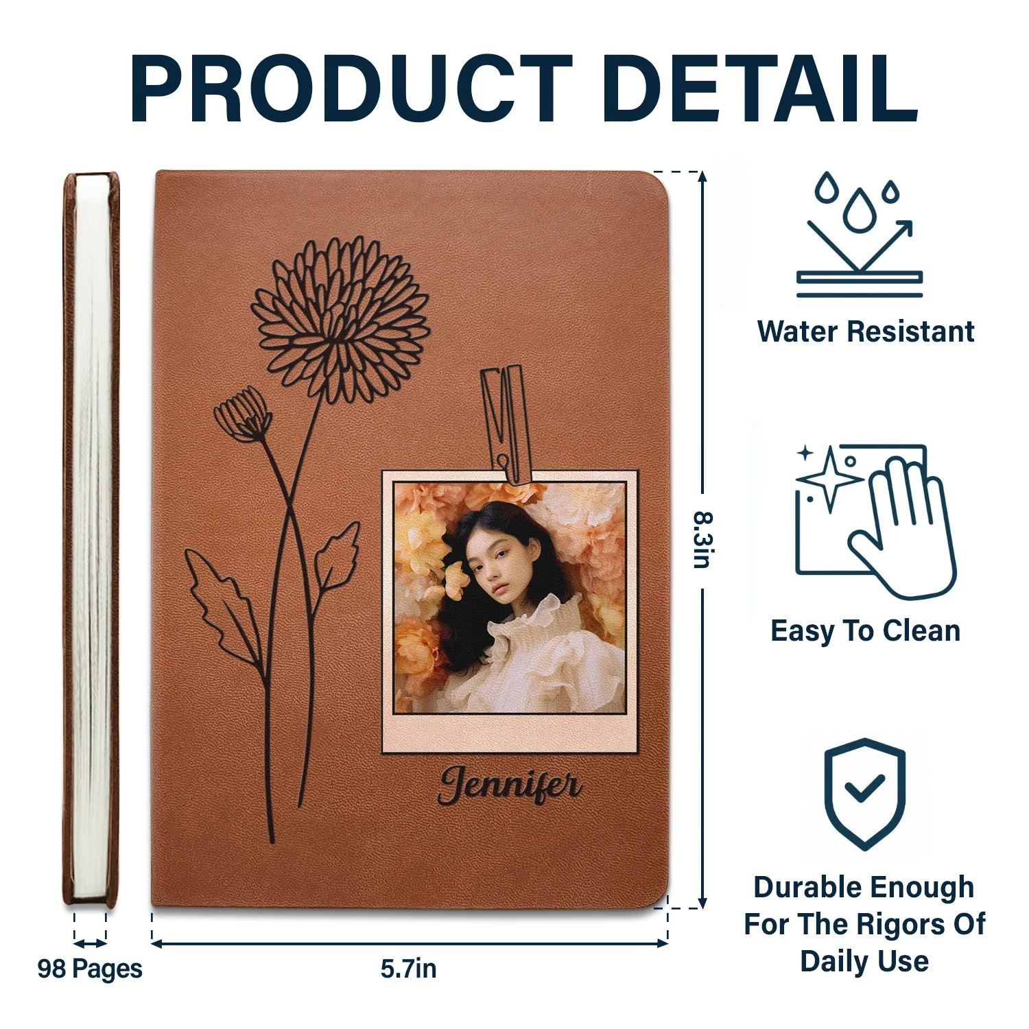 Custom Photo Birth Month Flowers Name - Gift For Yourself - Personalized Leather Journal - Image 5