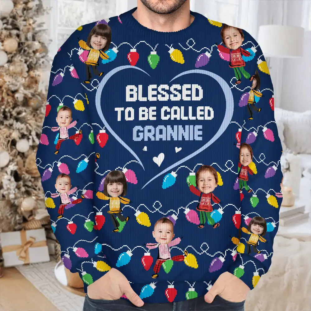Custom Photo Blessed To Be Called Grandma Nana Mom - Personalized Unisex Ugly Sweater - Image 5