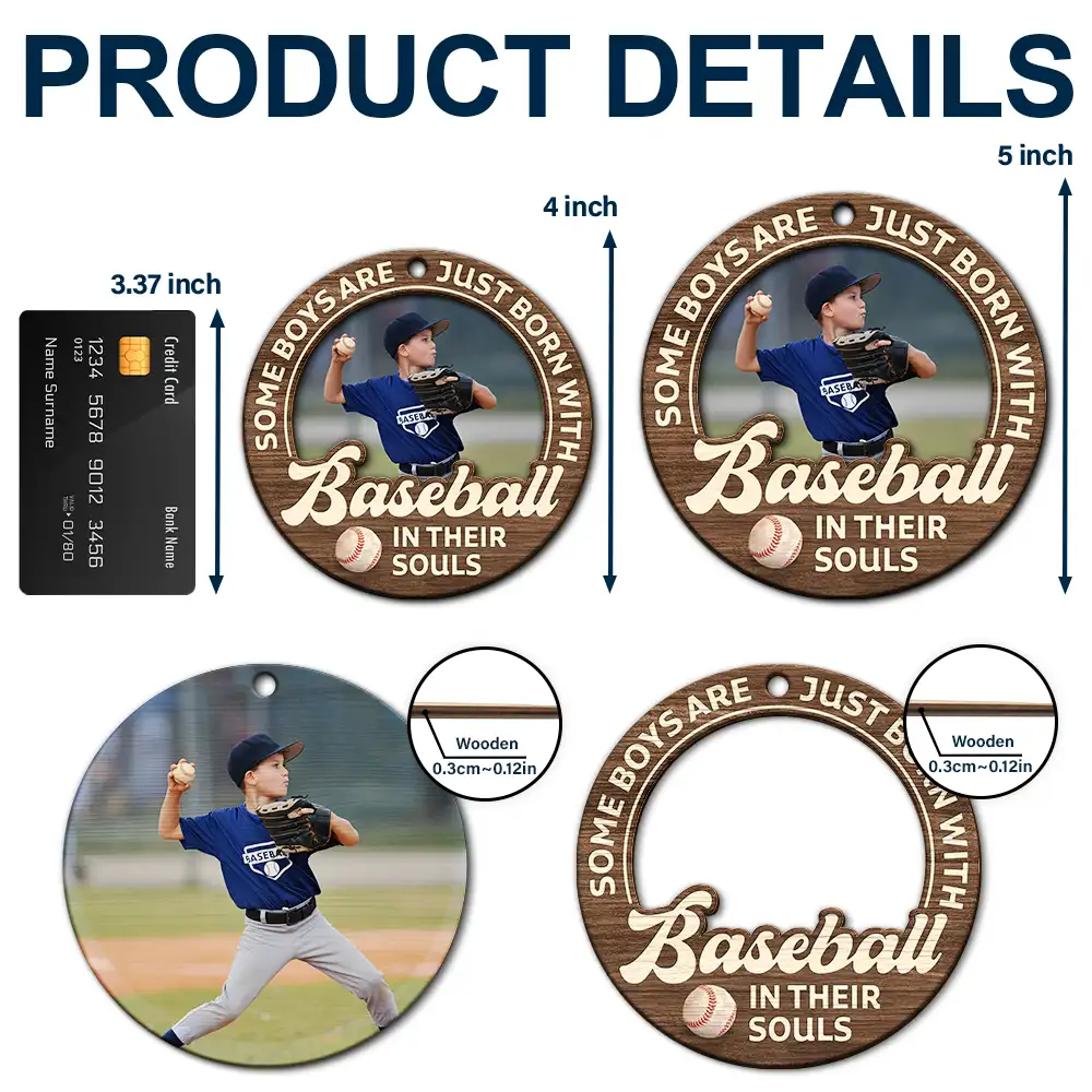 Custom Photo Born With Baseball In Their Souls - Personalized 2-Layered Wooden Ornament - Image 5