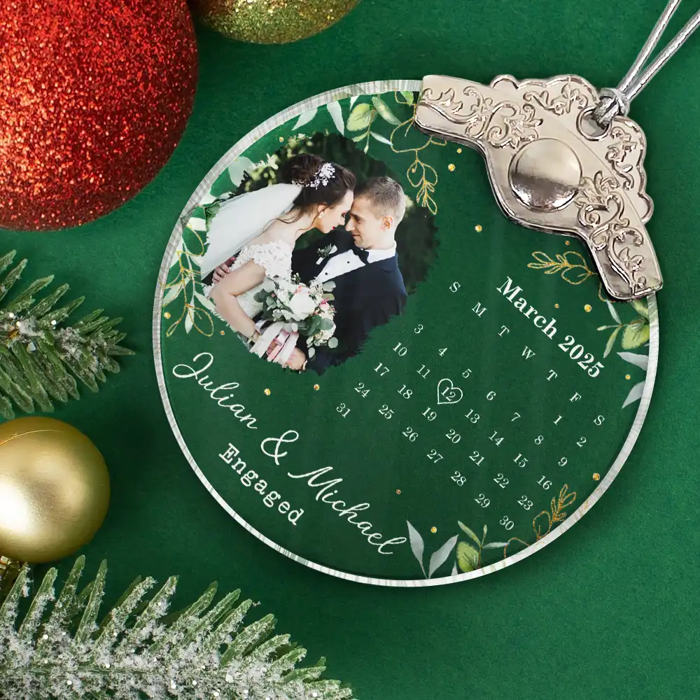 Custom Photo Calendar Married Engaged Wedding Gift - Personalized Glass Ornament With Silver Cap - Image 2
