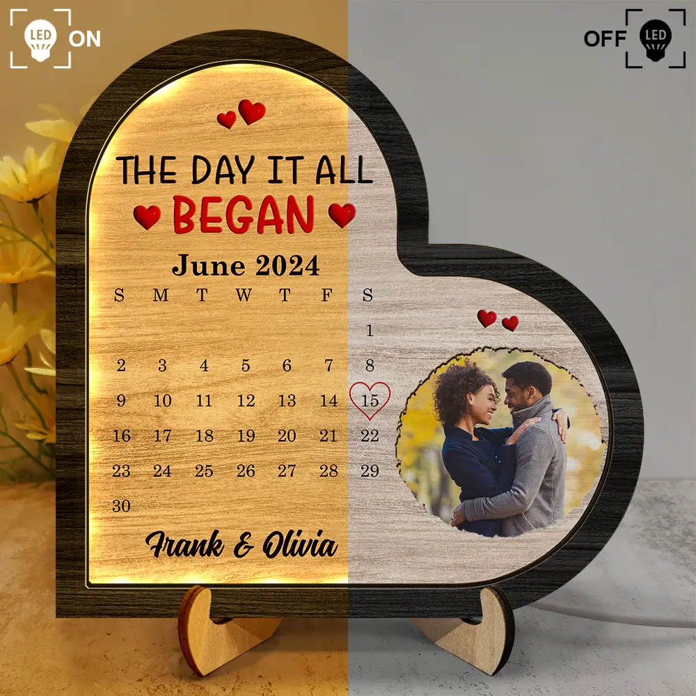 Custom Photo Calendar The Day It All Began - Personalized LED Light Wooden Plaque - Image 3