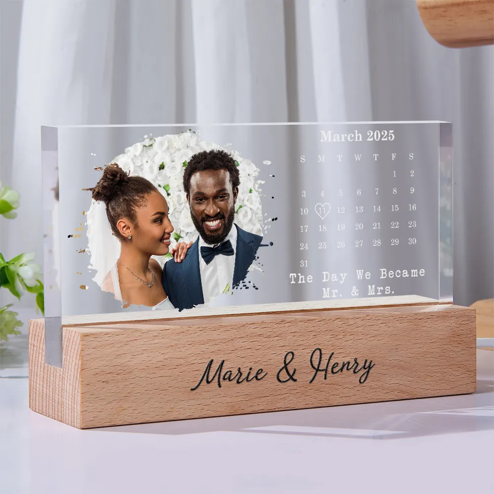 Custom Photo Calendar The Day We Became Mr & Mrs Couple Married Engaged Wedding Gift - Personalized Rectangle LED Light - Image 2