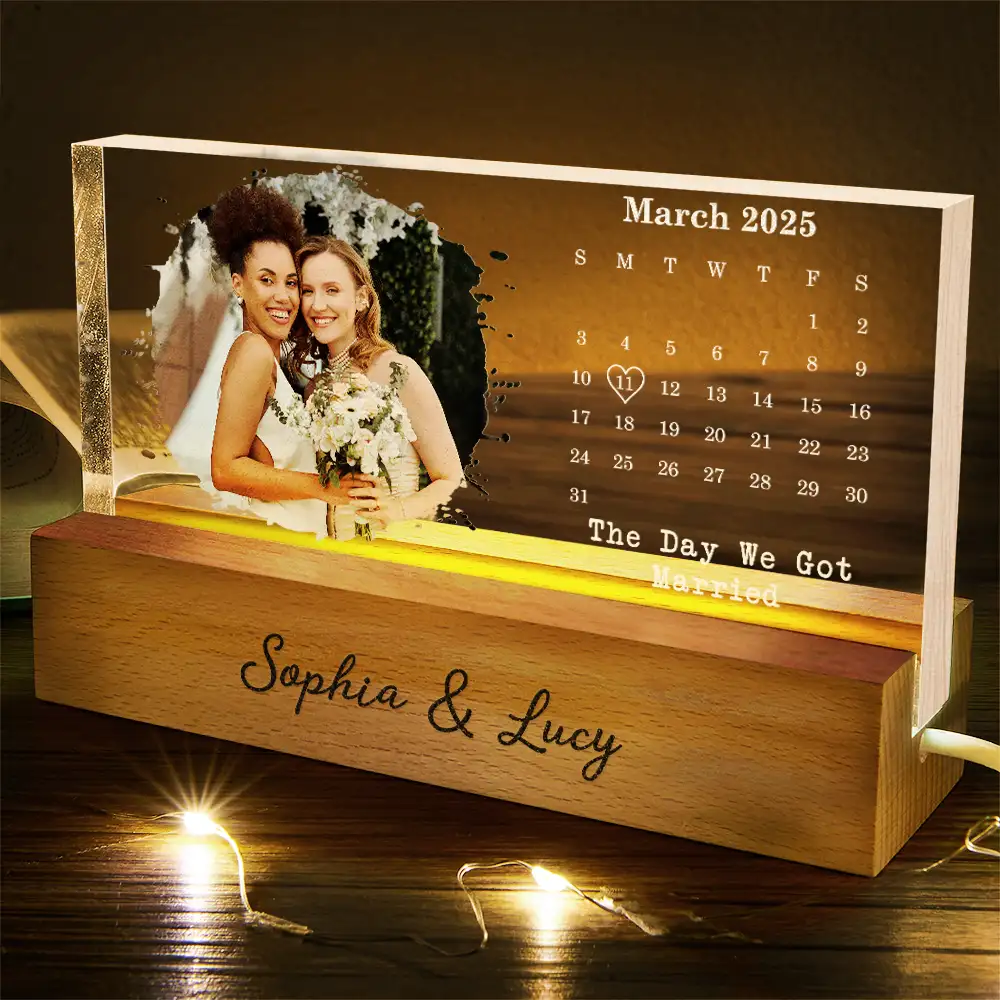 Custom Photo Calendar The Day We Became Mr & Mrs Couple Married Engaged Wedding Gift - Personalized Rectangle LED Light - Image 5