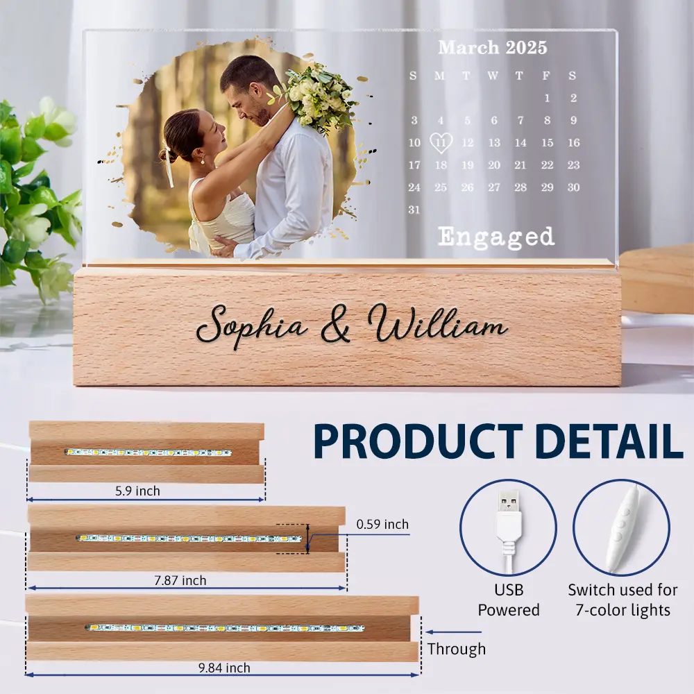 Custom Photo Calendar The Day We Became Mr & Mrs Couple Married Engaged Wedding Gift - Personalized Rectangle LED Light - Image 6