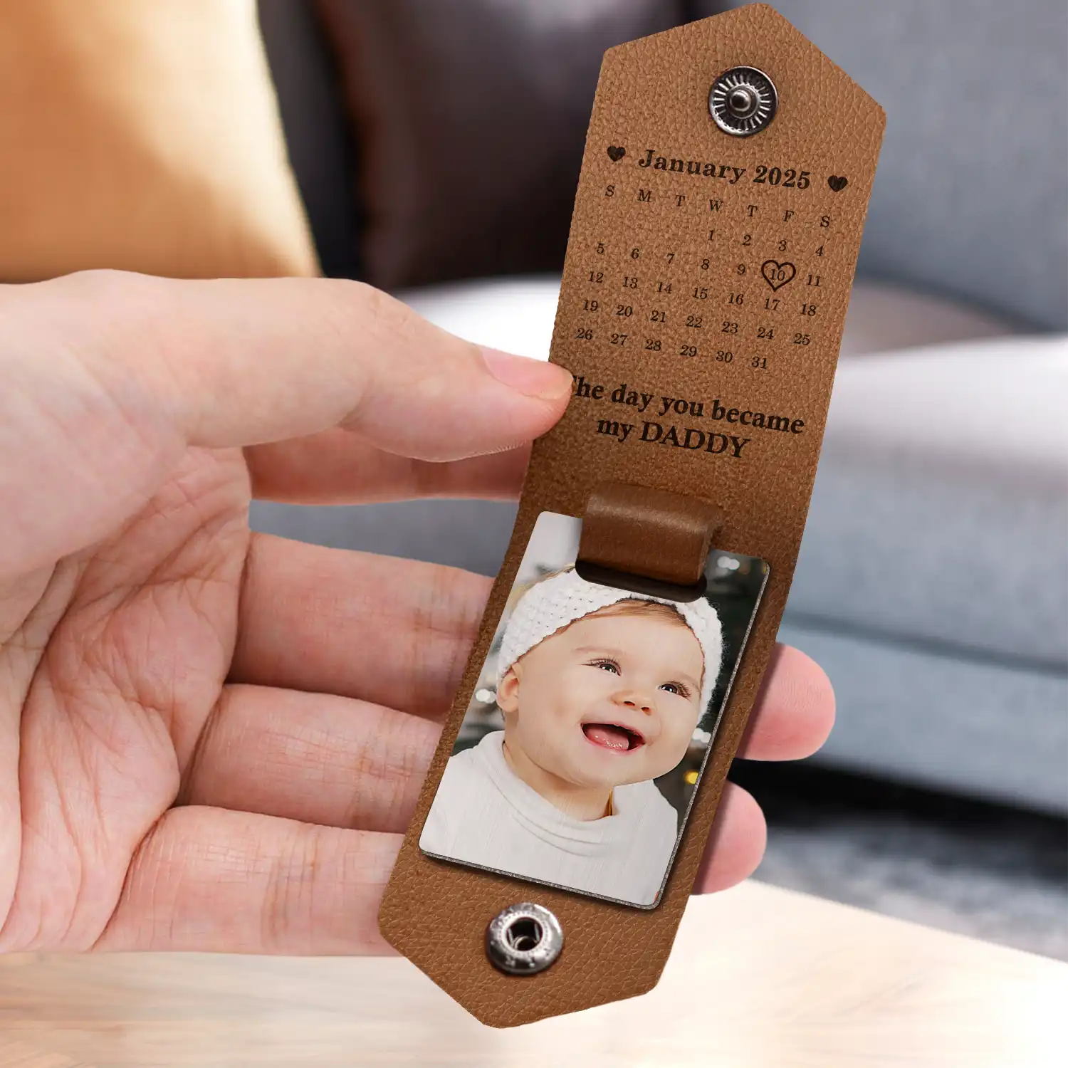 Custom Photo Calendar The Day You Became My Daddy Drive Safe - Personalized Leather Photo Keychain - Image 3