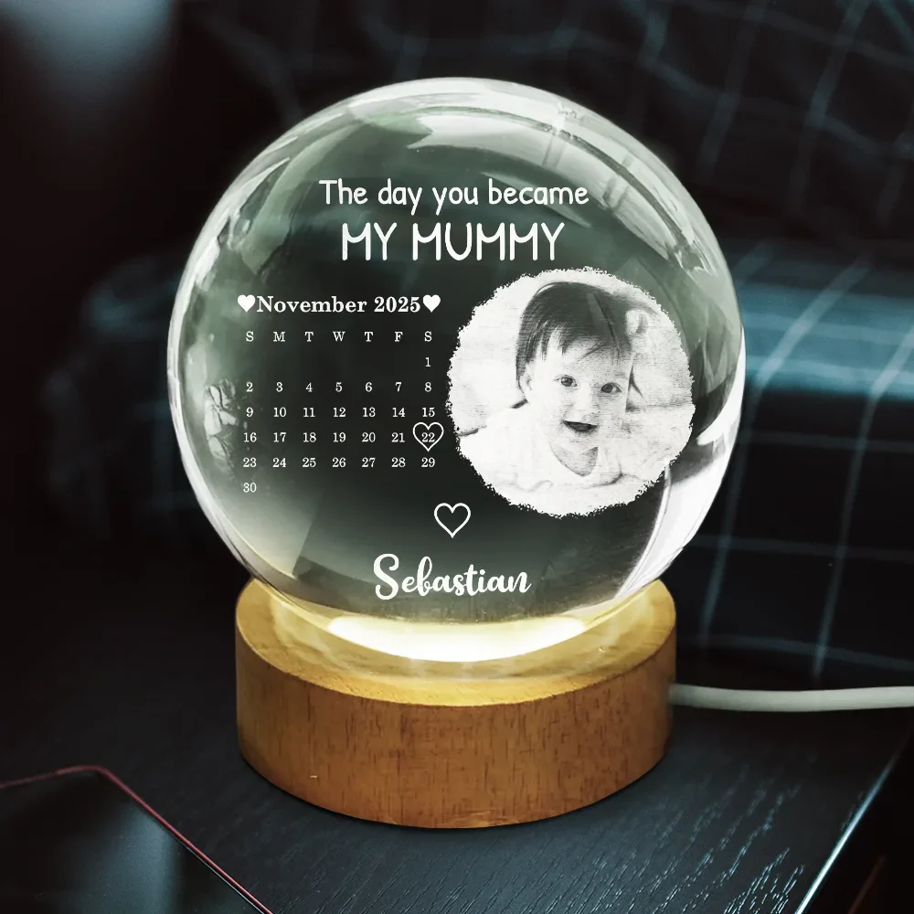 Custom Photo Calendar The Day You Became My Mommy - Personalized Crystal Globe Lamp - Image 4