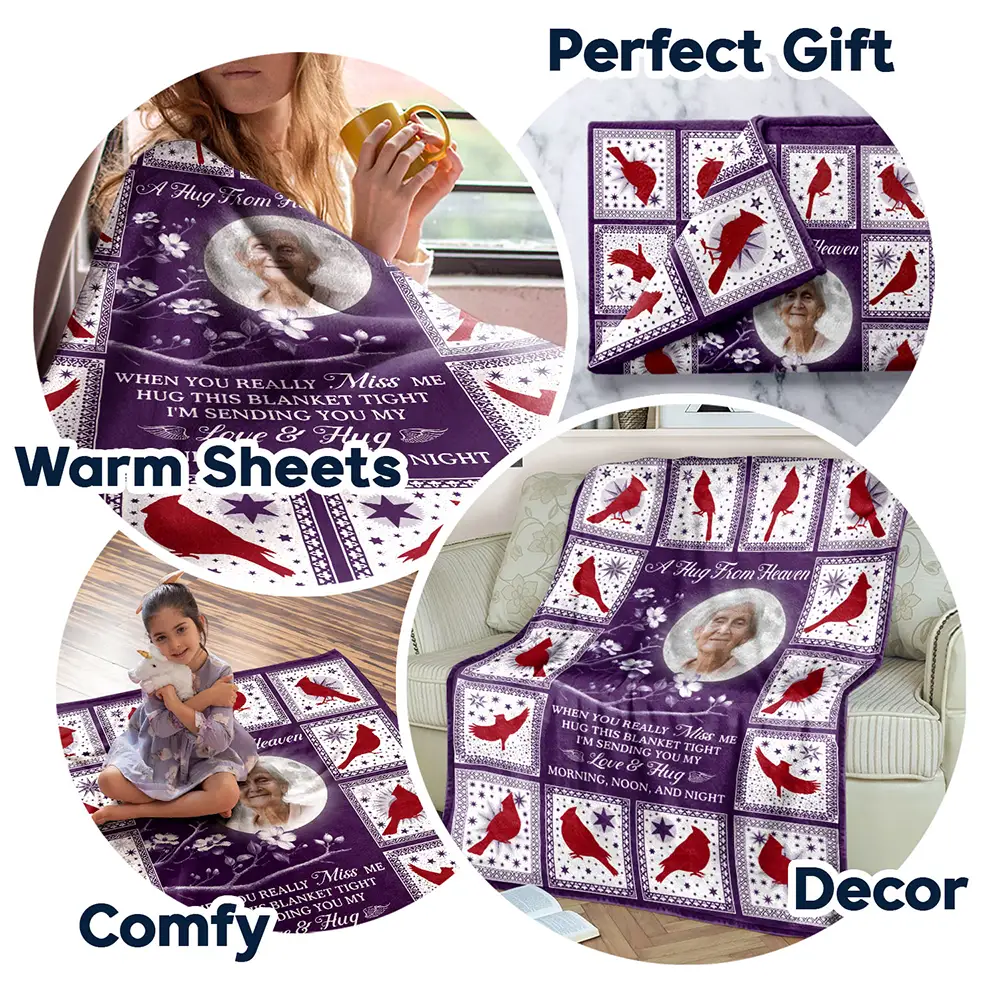 Custom Photo Cardinal Bird A Hug From Heaven - Personalized Fleece Blanket, Sherpa Blanket - Image 8