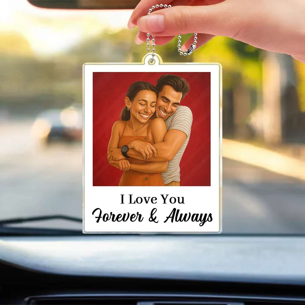 Custom Photo Caricature Funny Couple Drive Safe I Love You - Personalized Acrylic Car Hanger - Image 4