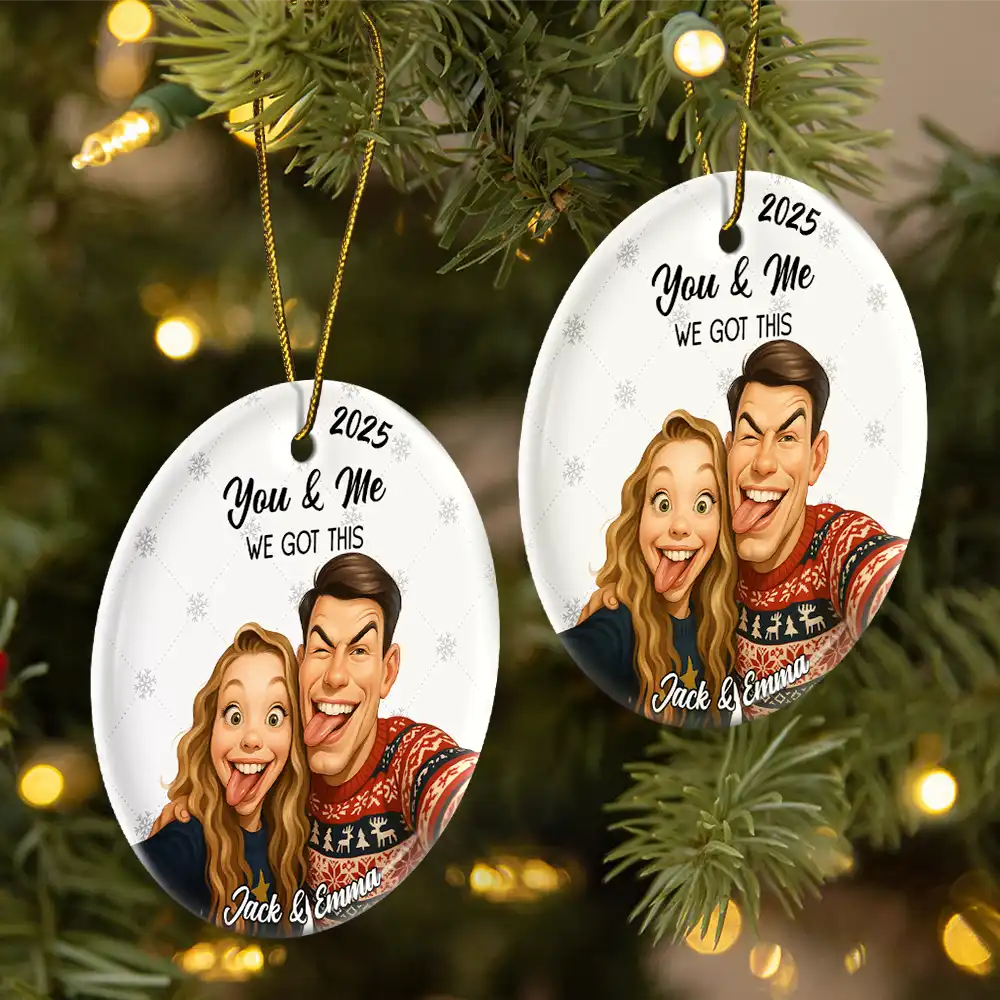 Custom Photo Caricature Funny Couple Family I'm Yours No Returns - Personalized Circle Ceramic Ornament - Image 3