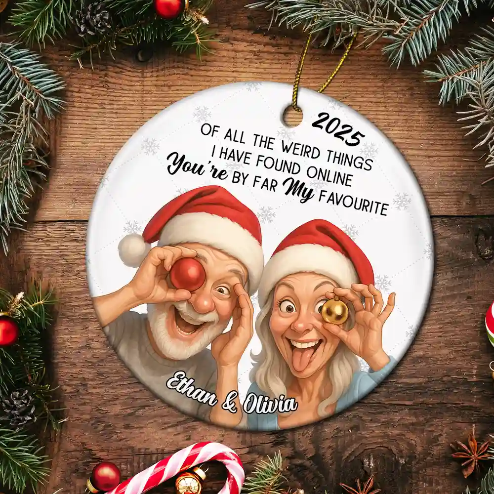 Custom Photo Caricature Funny Couple Family I'm Yours No Returns - Personalized Circle Ceramic Ornament - Image 6