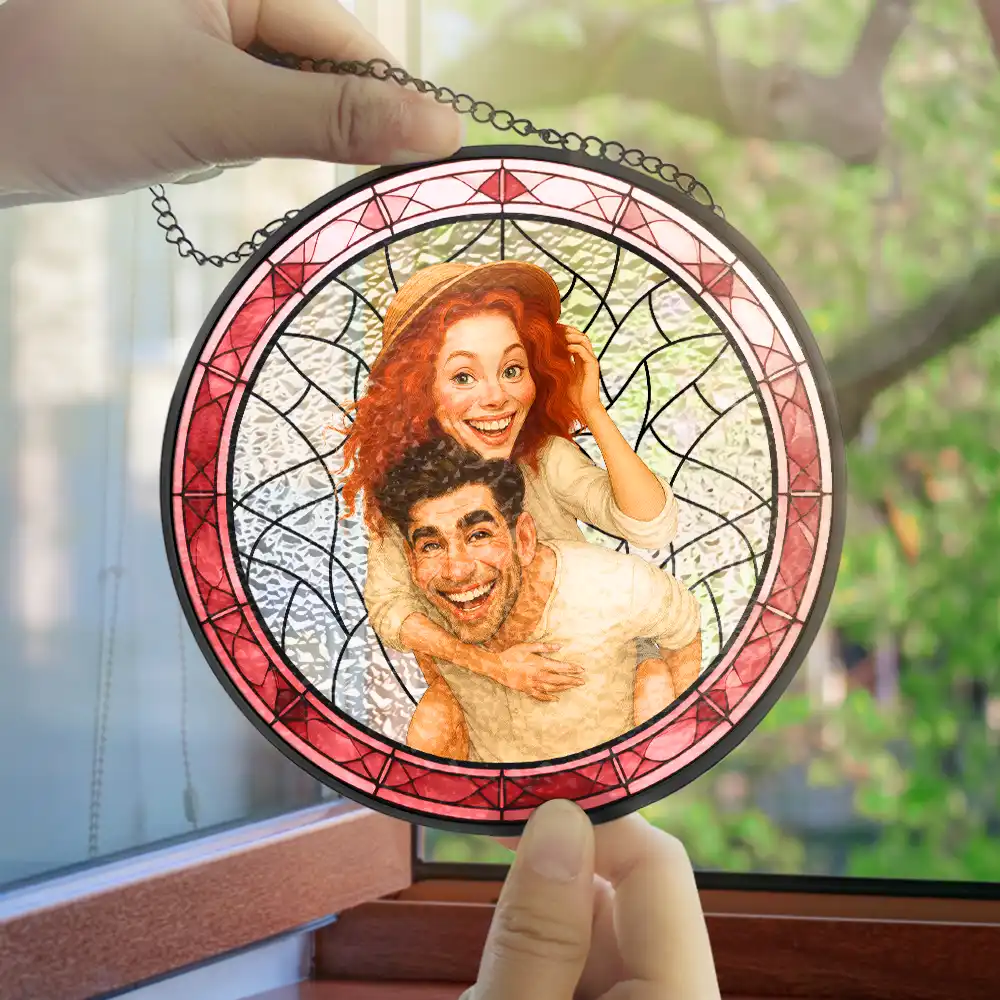 Custom Photo Caricature Funny Couple Family - Personalized Stained Glass Window Hanging Suncatcher - Image 5