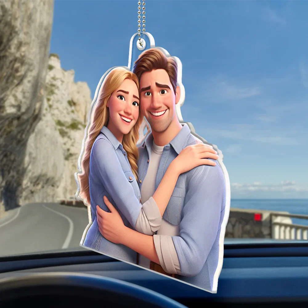 Custom Photo Cartoon Portrait Loving Couple - Personalized Acrylic Car Hanger - Image 3