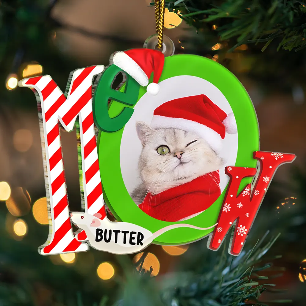 Custom Photo Cat Meowy Christmas - Personalized Custom Shaped Acrylic Ornament - Image 3