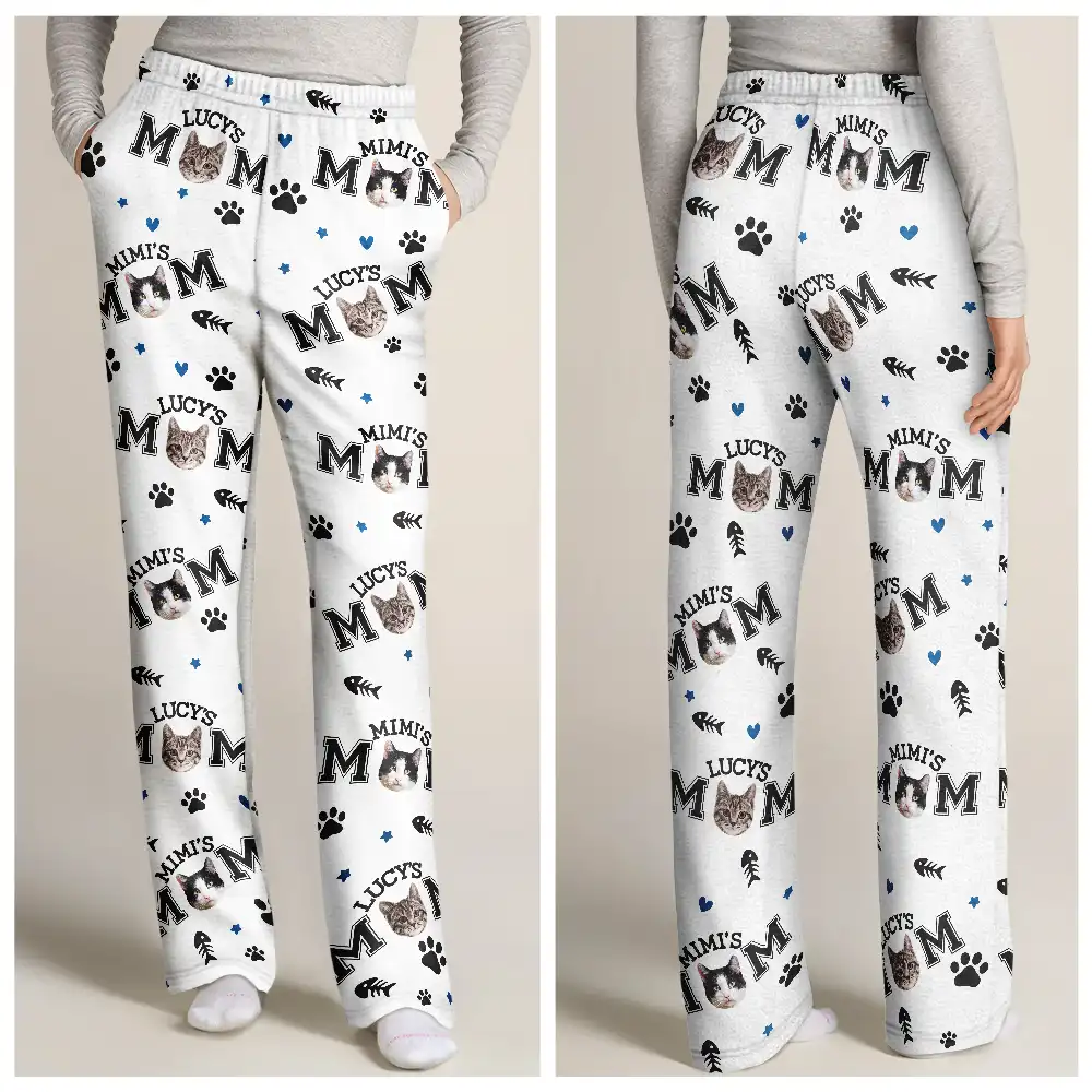 Custom Photo Cat Mom With Paw And Fish Pattern - Personalized Pajama Pants - Image 4