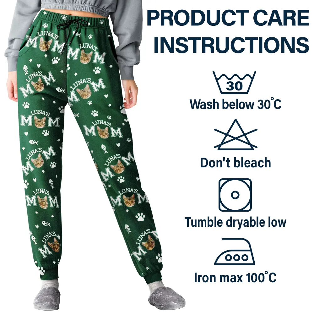 Custom Photo Cat Mom With Paw And Fish Pattern - Personalized Pajama Pants - Image 6