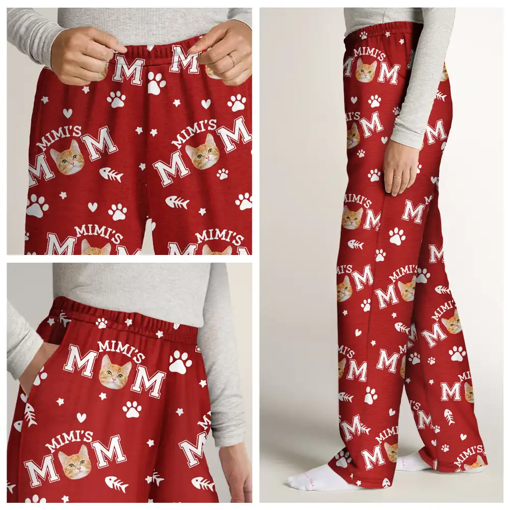 Custom Photo Cat Mom With Paw And Fish Pattern - Personalized Pajama Pants - Image 8