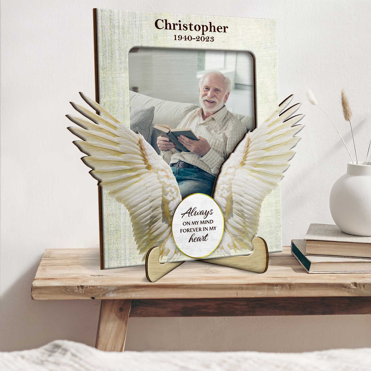 Custom Photo Cherished In Our Hearts Enfolded In Angel Wings - Memorial Gift, Sympathy Gift - Personalized 2-Layered Wooden Plaque With Stand - Image 2