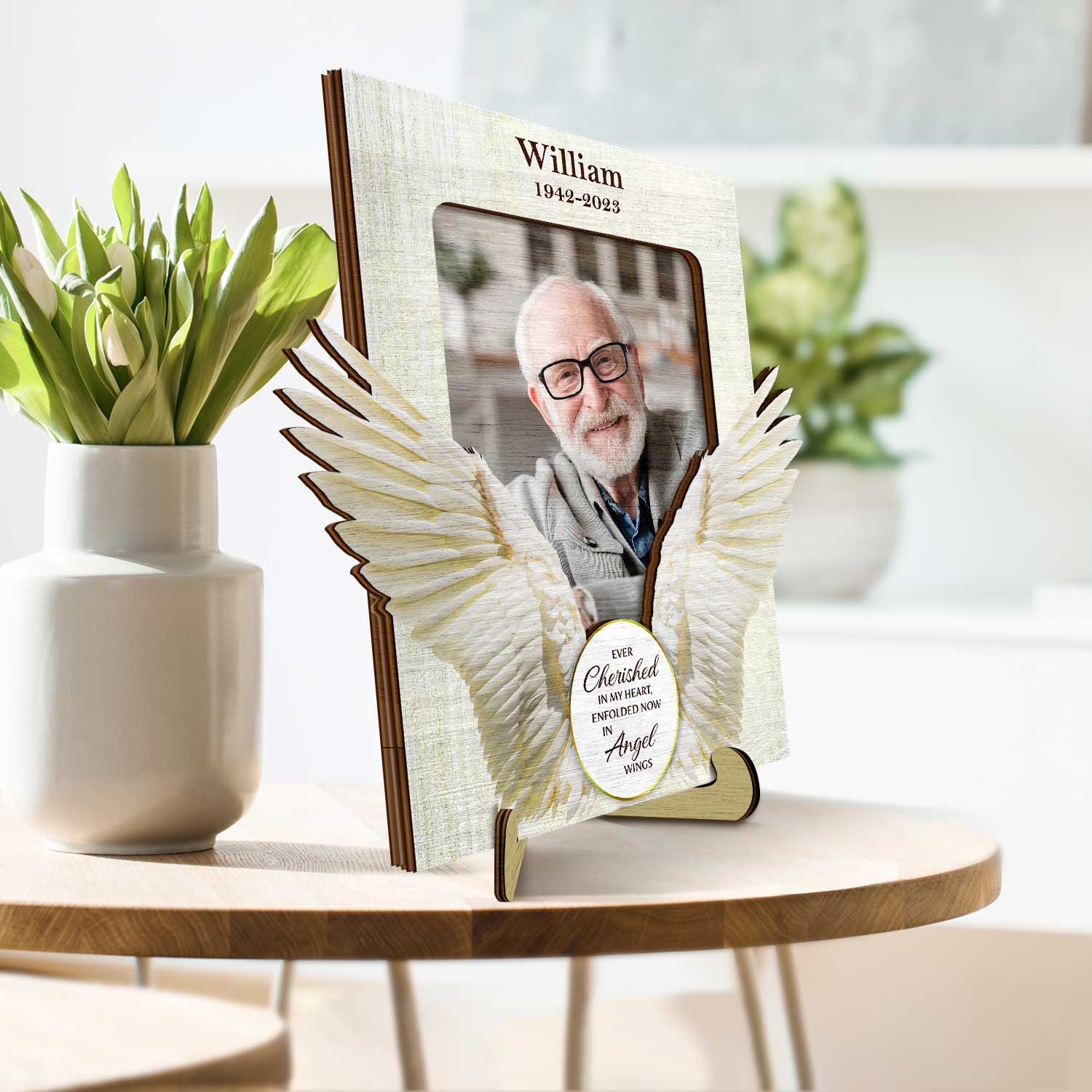 Custom Photo Cherished In Our Hearts Enfolded In Angel Wings - Memorial Gift, Sympathy Gift - Personalized 2-Layered Wooden Plaque With Stand - Image 3