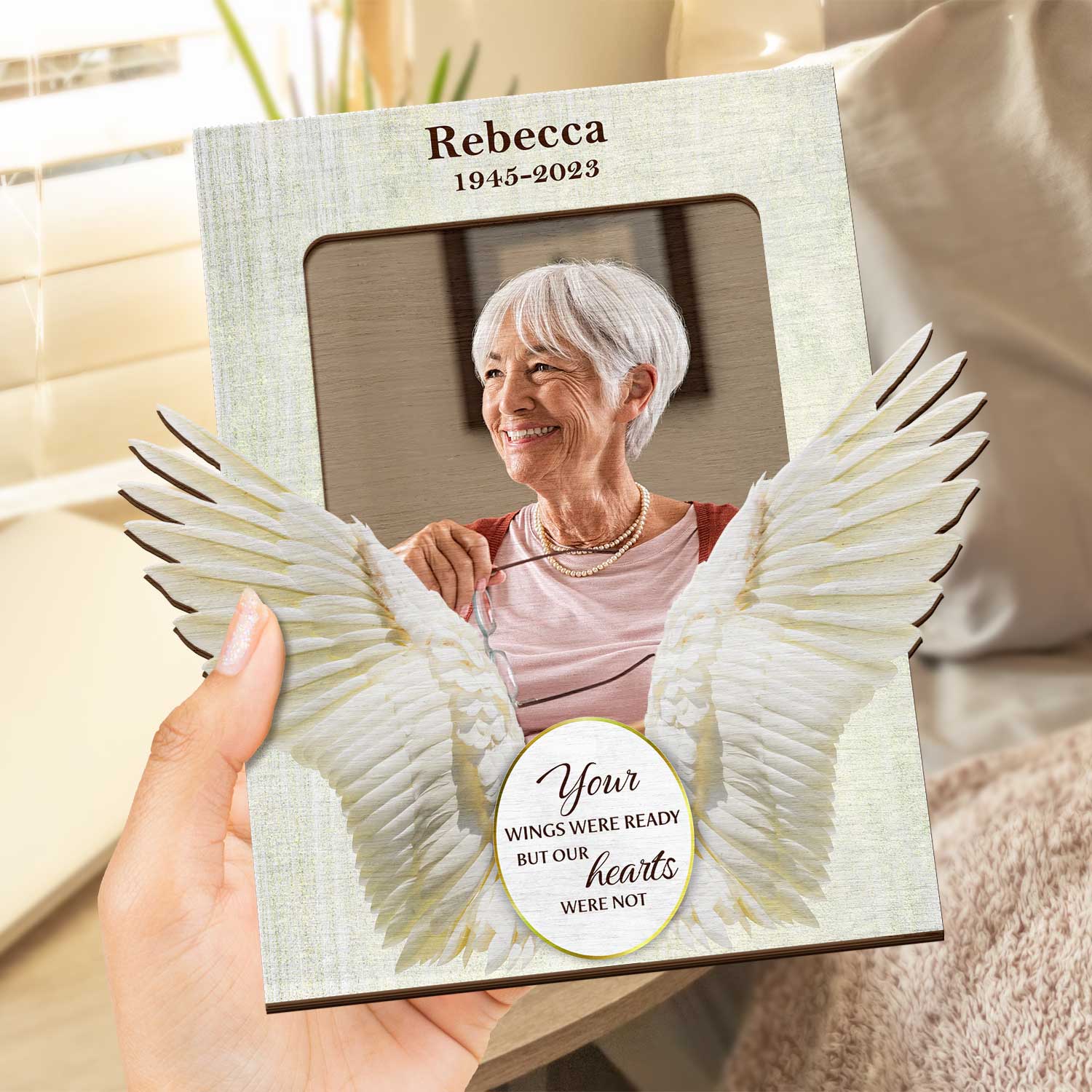 Custom Photo Cherished In Our Hearts Enfolded In Angel Wings - Memorial Gift, Sympathy Gift - Personalized 2-Layered Wooden Plaque With Stand - Image 4