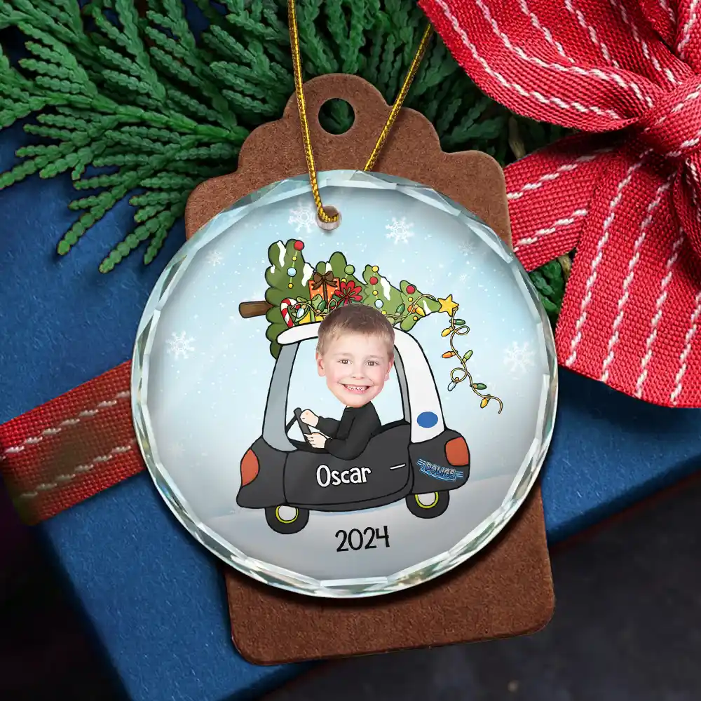 Custom Photo Christmas Baby In Car - Personalized Combo Circle Glass Ornament - Image 6
