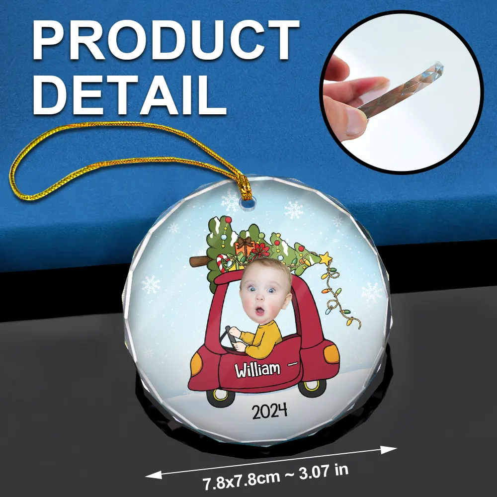Custom Photo Christmas Baby In Car - Personalized Combo Circle Glass Ornament - Image 7