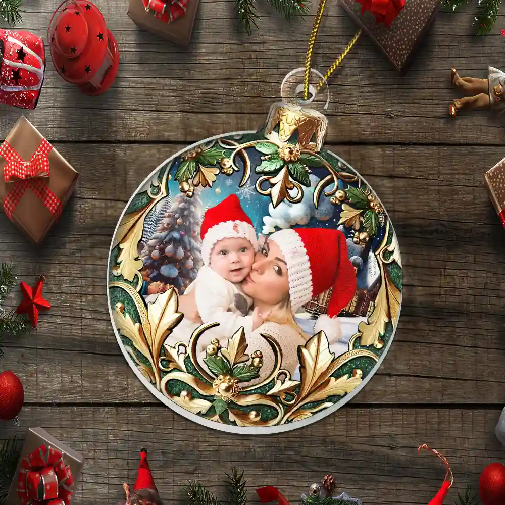 Custom Photo Christmas Ball With 3D Floral Pattern - Personalized Custom Shaped Acrylic Ornament - Image 6