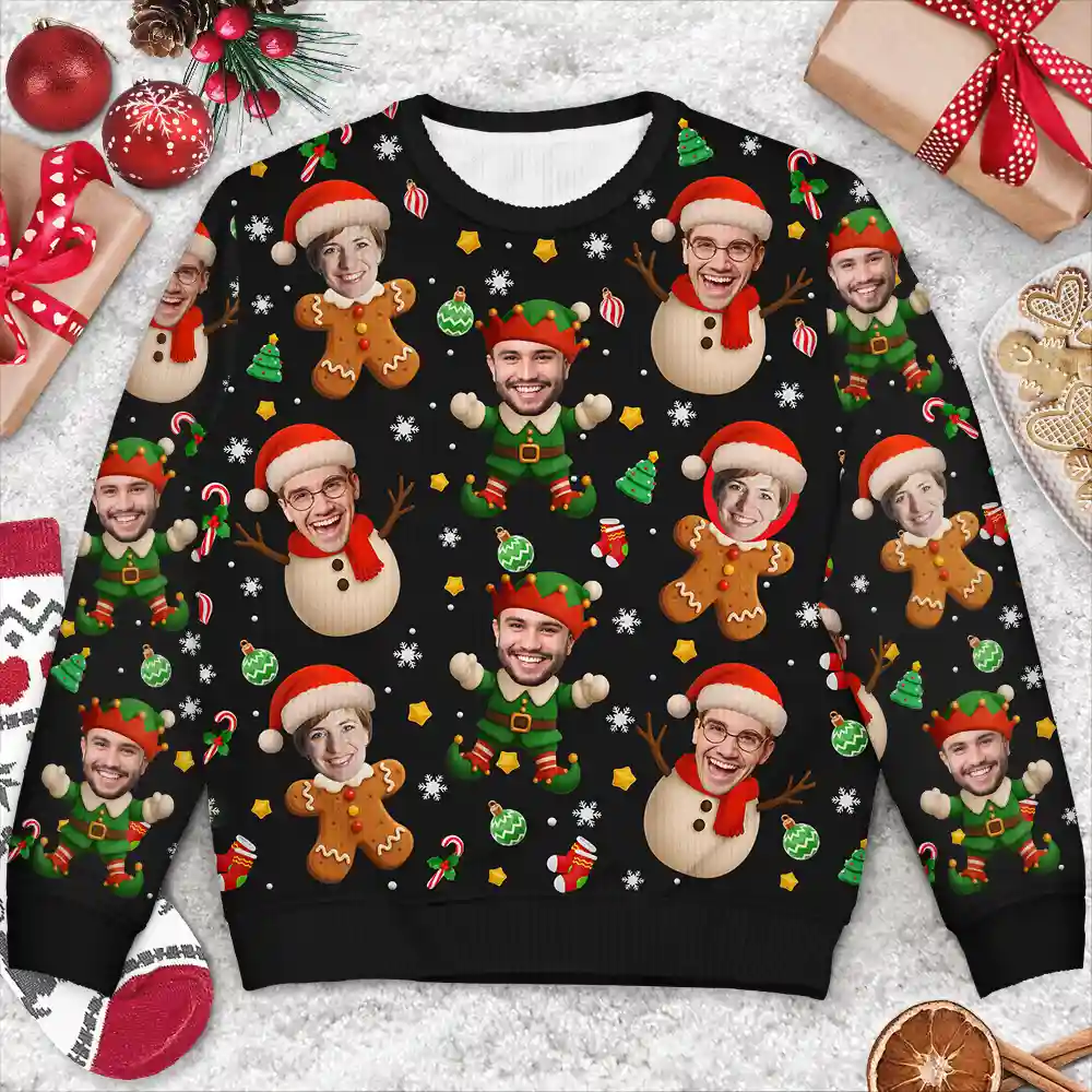 Custom Photo Christmas Characters Funny Face - Personalized Unisex Ugly Sweater - Image 4