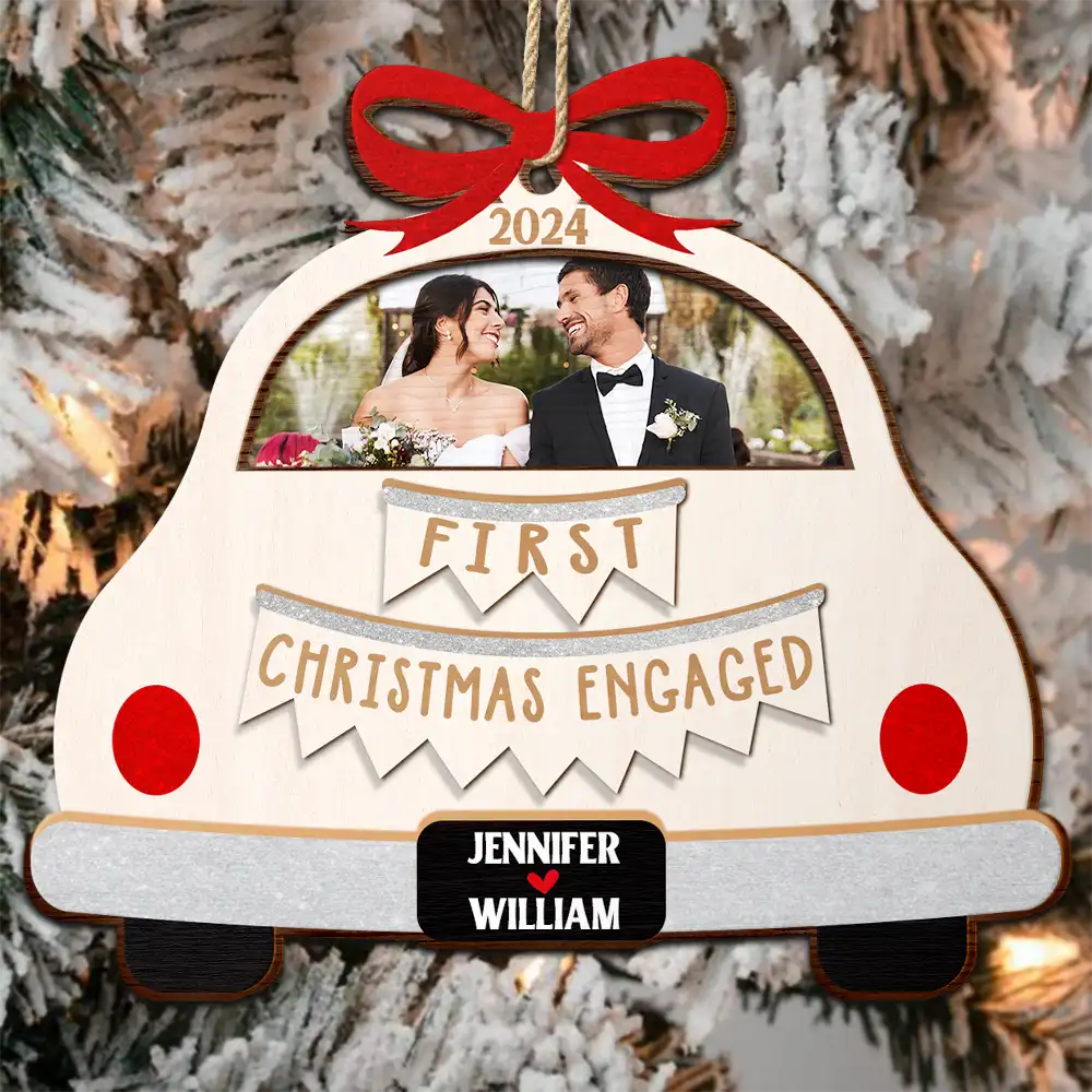 Custom Photo Christmas Couple Just Married - Personalized 2-Layered Wooden Ornament - Image 3