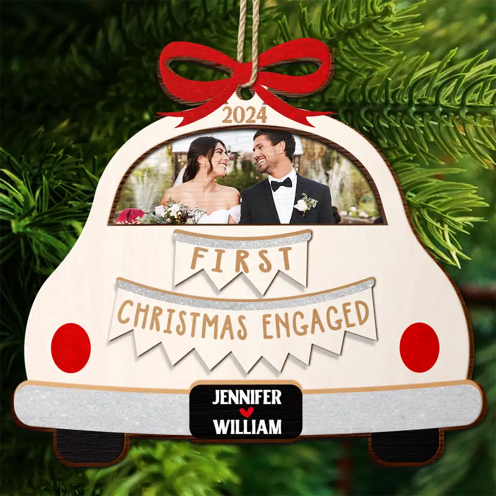 Custom Photo Christmas Couple Just Married - Personalized 2-Layered Wooden Ornament - Image 4