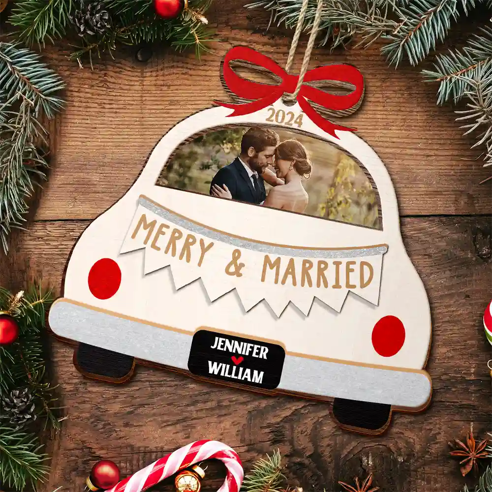 Custom Photo Christmas Couple Just Married - Personalized 2-Layered Wooden Ornament - Image 5