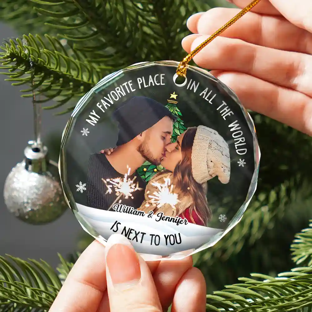 Custom Photo Christmas Couple My Favorite Place - Personalized Glass Ornament - Image 3